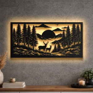A large rustic deer forest mountain scene metal wall art with LED backlighting.