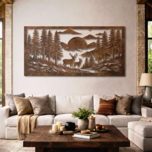 Deer Forest Mountain Scene Metal Wall Art, Oversized Rustic Nature Decor, Optional RGB LED, Wildlife Lover Gift