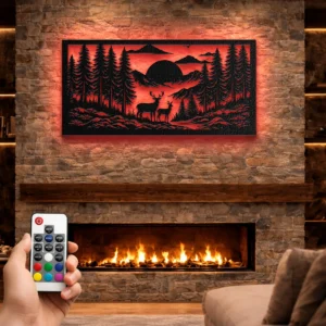 Deer Forest Mountain Scene Metal Wall Art, Oversized Rustic Nature Decor, Optional RGB LED, Wildlife Lover Gift