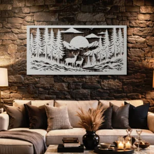 Deer Forest Mountain Scene Metal Wall Art, Oversized Rustic Nature Decor, Optional RGB LED, Wildlife Lover Gift