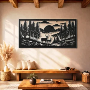 Deer Forest Mountain Scene Metal Wall Art, Oversized Rustic Nature Decor, Optional RGB LED, Wildlife Lover Gift