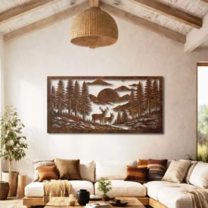 Deer Forest Mountain Scene Metal Wall Art, Oversized Rustic Nature Decor, Optional RGB LED, Wildlife Lover Gift