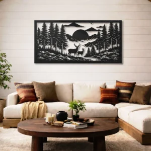Deer Forest Mountain Scene Metal Wall Art, Oversized Rustic Nature Decor, Optional RGB LED, Wildlife Lover Gift