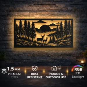 Deer Forest Mountain Scene Metal Wall Art, Oversized Rustic Nature Decor, Optional RGB LED, Wildlife Lover Gift