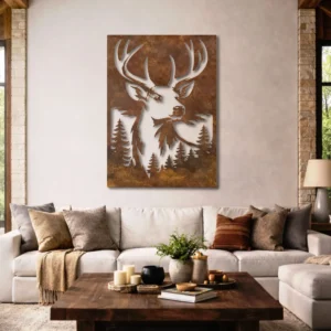 Deer Head Forest Scene Metal Wall Art, Large Rustic Woodland Decor, Optional RGB LED, Hunter Cabin Gift