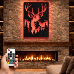 Deer Head Forest Scene Metal Wall Art, Large Rustic Woodland Decor, Optional RGB LED, Hunter Cabin Gift