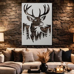 Deer Head Forest Scene Metal Wall Art, Large Rustic Woodland Decor, Optional RGB LED, Hunter Cabin Gift