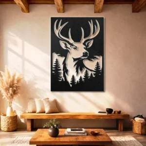 Deer Head Forest Scene Metal Wall Art, Large Rustic Woodland Decor, Optional RGB LED, Hunter Cabin Gift