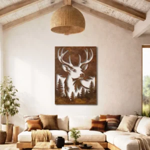 Deer Head Forest Scene Metal Wall Art, Large Rustic Woodland Decor, Optional RGB LED, Hunter Cabin Gift