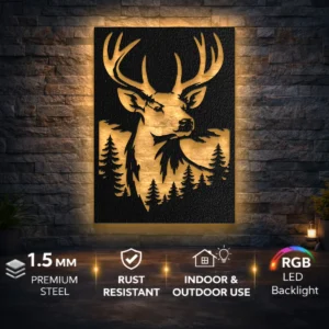 Deer Head Forest Scene Metal Wall Art, Large Rustic Woodland Decor, Optional RGB LED, Hunter Cabin Gift