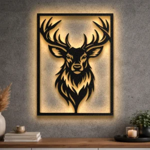 Large rustic deer head metal wall art with LED backlighting