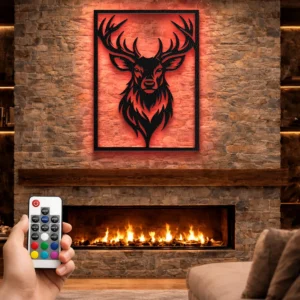 Deer Head Silhouette Metal Wall Art, Oversized Rustic Wildlife Decor, Optional RGB LED, Hunter Gift