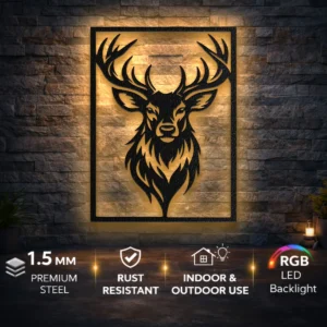 Deer Head Silhouette Metal Wall Art, Oversized Rustic Wildlife Decor, Optional RGB LED, Hunter Gift