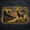 Oversized rustic deer and mountain metal wall art with LED backlighting.