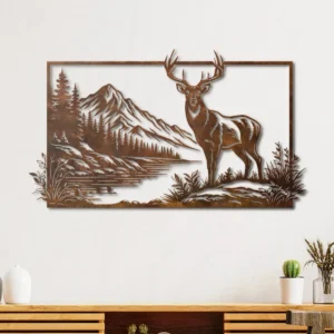 Deer Lake Mountain Scene Metal Wall Art, Large Rustic Wildlife Silhouette, Optional RGB LED, Cabin Decor Gift