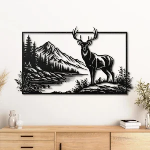 Deer Lake Mountain Scene Metal Wall Art, Large Rustic Wildlife Silhouette, Optional RGB LED, Cabin Decor Gift