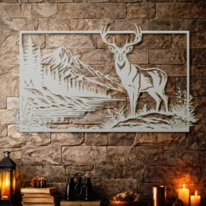 Deer Lake Mountain Scene Metal Wall Art, Large Rustic Wildlife Silhouette, Optional RGB LED, Cabin Decor Gift