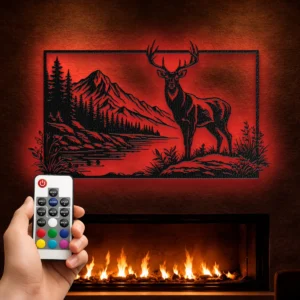 Deer Lake Mountain Scene Metal Wall Art, Large Rustic Wildlife Silhouette, Optional RGB LED, Cabin Decor Gift