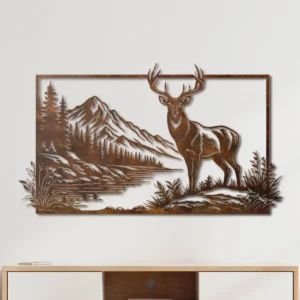 Deer Lake Mountain Scene Metal Wall Art, Large Rustic Wildlife Silhouette, Optional RGB LED, Cabin Decor Gift