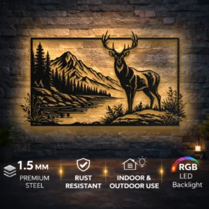 Deer Lake Mountain Scene Metal Wall Art, Large Rustic Wildlife Silhouette, Optional RGB LED, Cabin Decor Gift