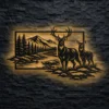 Large metal art depicting a deer and doe in a mountain forest scene.