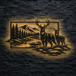 Large metal art depicting a deer and doe in a mountain forest scene