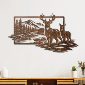Deer Mountain Scene Metal Wall Art, Oversized Rustic Forest Decor, Optional RGB LED, Hunter Gift