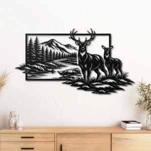 Deer Mountain Scene Metal Wall Art, Oversized Rustic Forest Decor, Optional RGB LED, Hunter Gift