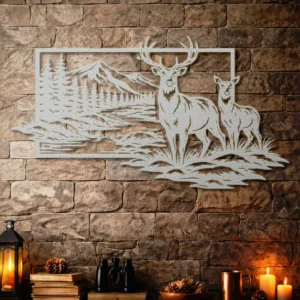 Deer Mountain Scene Metal Wall Art, Oversized Rustic Forest Decor, Optional RGB LED, Hunter Gift