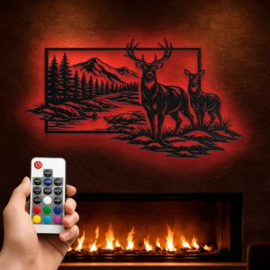 Deer Mountain Scene Metal Wall Art, Oversized Rustic Forest Decor, Optional RGB LED, Hunter Gift