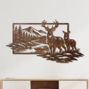 Deer Mountain Scene Metal Wall Art, Oversized Rustic Forest Decor, Optional RGB LED, Hunter Gift