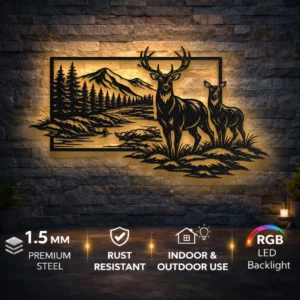 Deer Mountain Scene Metal Wall Art, Oversized Rustic Forest Decor, Optional RGB LED, Hunter Gift