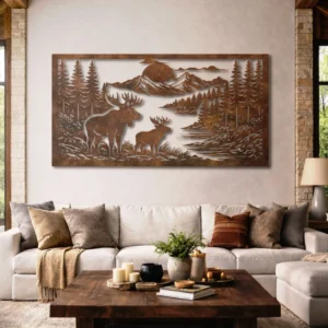 Deer Pair Forest Landscape Metal Wall Art, Oversized Rustic Cabin Decor, Optional RGB LED, Nature Lover Gift