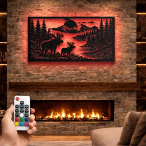 Deer Pair Forest Landscape Metal Wall Art, Oversized Rustic Cabin Decor, Optional RGB LED, Nature Lover Gift