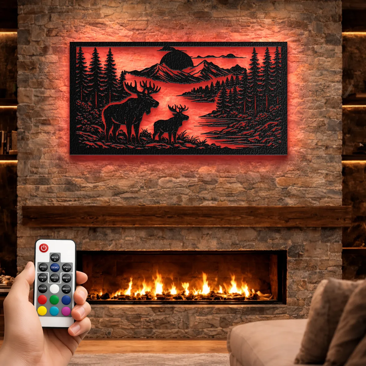 Deer Pair Forest Landscape Metal Wall Art Oversized Rustic Cabin Decor Optional RGB LED Nature Lover Gift Fabia Home Rustic metal sign depicting a serene deer and mountain scene