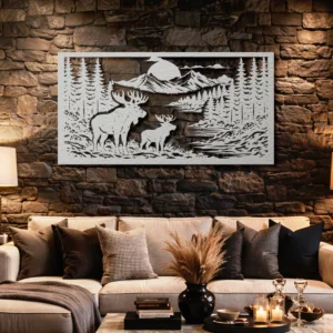 Deer Pair Forest Landscape Metal Wall Art, Oversized Rustic Cabin Decor, Optional RGB LED, Nature Lover Gift