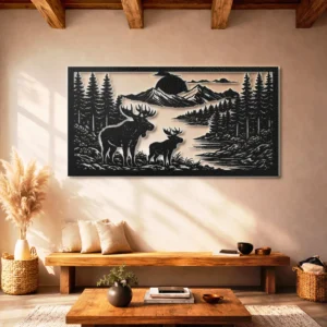 Deer Pair Forest Landscape Metal Wall Art, Oversized Rustic Cabin Decor, Optional RGB LED, Nature Lover Gift