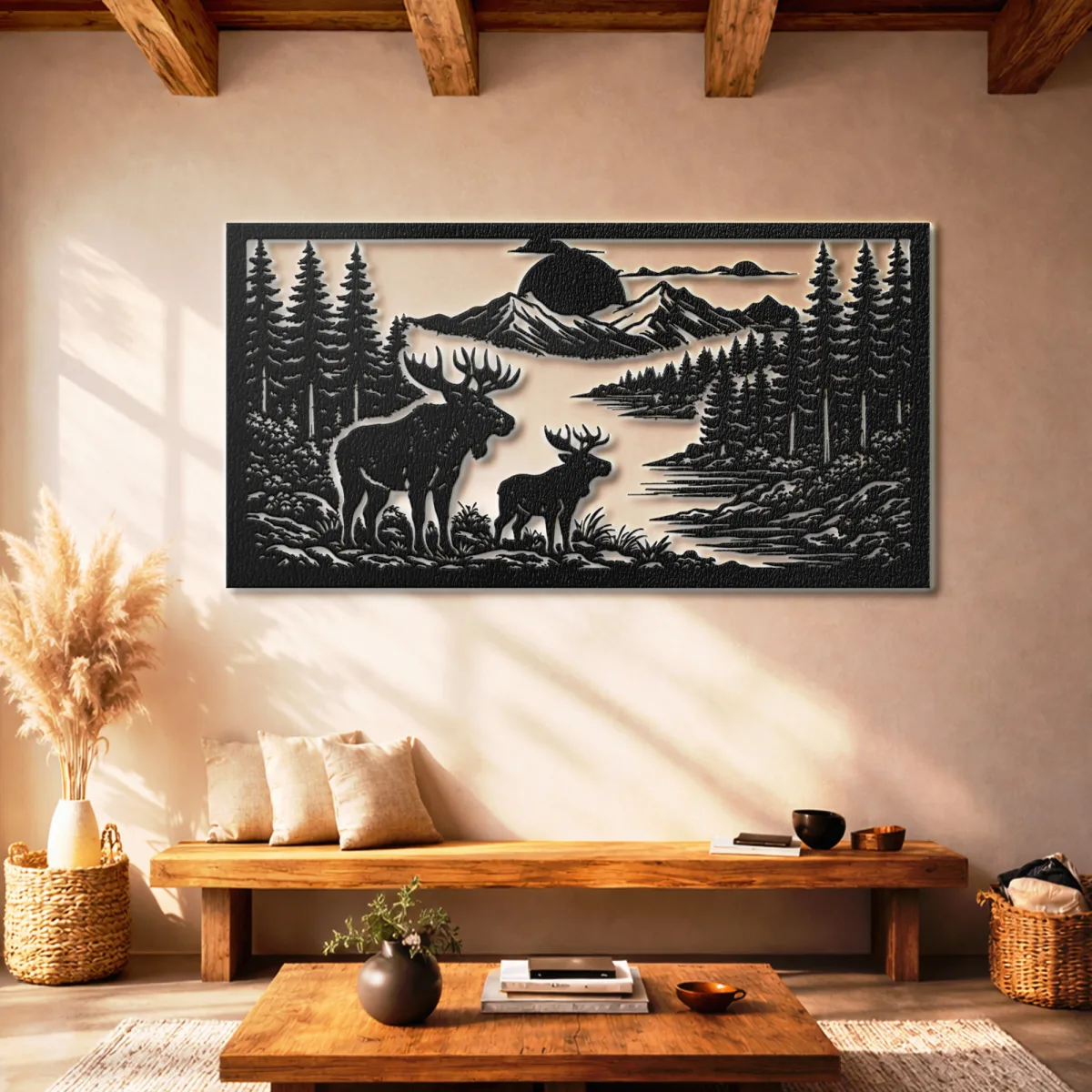 Deer Pair Forest Landscape Metal Wall Art Oversized Rustic Cabin Decor Optional RGB LED Nature Lover Gift Fabia Home Large metal wall hanging with deer and pine trees