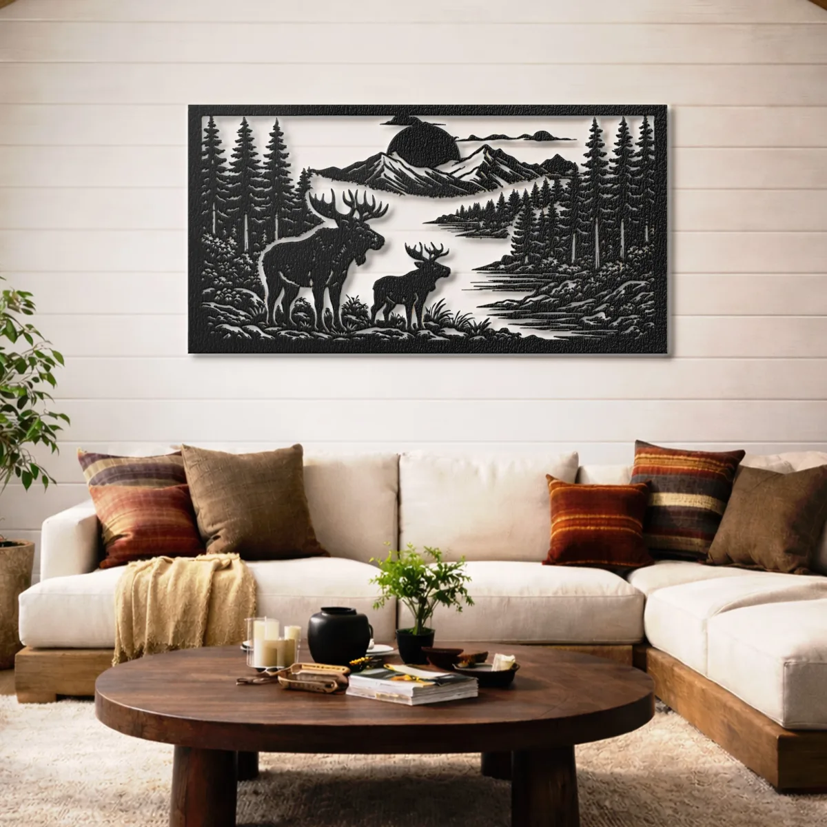 Deer Pair Forest Landscape Metal Wall Art Oversized Rustic Cabin Decor Optional RGB LED Nature Lover Gift Fabia Home Oversized deer silhouette metal art for nature lovers