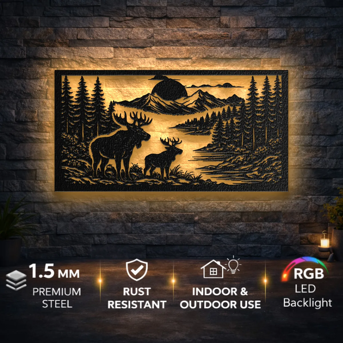 Deer Pair Forest Landscape Metal Wall Art Oversized Rustic Cabin Decor Optional RGB LED Nature Lover Gift Fabia Home Metal wall decor showing a deer pair in a rustic setting