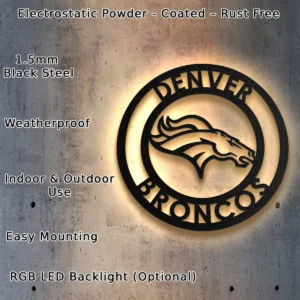 Denver Broncos Metal Wall Sign, Striking NFL Logo Decor, Game Day LED Art, Football Fan Present
