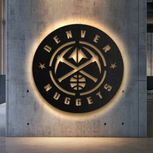 Black metal Denver Nuggets logo wall art with golden accents.