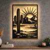 A large Desert Cactus Sunset metal art piece with optional LED lighting.