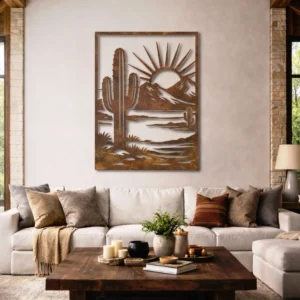 Desert Cactus Sunset Metal Art, Oversized Rustic Southwest Decor, Optional RGB LED, Nature Lover Gift