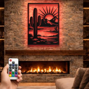 Desert Cactus Sunset Metal Art, Oversized Rustic Southwest Decor, Optional RGB LED, Nature Lover Gift