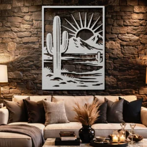 Desert Cactus Sunset Metal Art, Oversized Rustic Southwest Decor, Optional RGB LED, Nature Lover Gift
