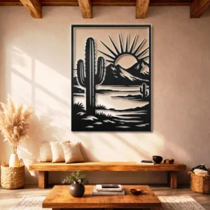 Desert Cactus Sunset Metal Art, Oversized Rustic Southwest Decor, Optional RGB LED, Nature Lover Gift