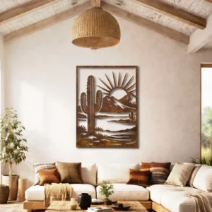Desert Cactus Sunset Metal Art, Oversized Rustic Southwest Decor, Optional RGB LED, Nature Lover Gift