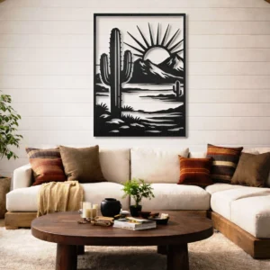 Desert Cactus Sunset Metal Art, Oversized Rustic Southwest Decor, Optional RGB LED, Nature Lover Gift