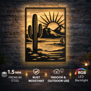 Desert Cactus Sunset Metal Art, Oversized Rustic Southwest Decor, Optional RGB LED, Nature Lover Gift